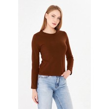 Sortie Collection Kadın Kahverengi Bisiklet Yaka Pamuklu Uzun Kollu Basic Penye Tshirt Bluz