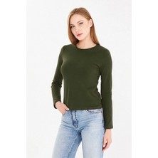 Sortie Collection Kadın Haki Bisiklet Yaka Pamuklu Uzun Kollu Basic Penye Tshirt Bluz
