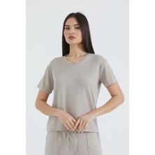 Thiff Gymwear Kadın Modal Kumaş V Yaka Kısa Kolu Basic Tişört