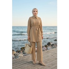 Sefa Merve Gömlek Yaka Kuşaklı Keten Ikili Takım 71199-04 Vizon