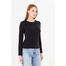Sortie Collection Kadın Siyah Bisiklet Yaka Pamuklu Uzun Kollu Basic Penye Tshirt Bluz