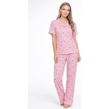 Burcumay Kısa Kollu Yazlık Düğmeli Gömlek Yaka Yumuşak Dokulu Pembe Kadın Pijama Takımı