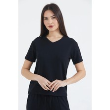 Thiff Gymwear Kadın Modal Kumaş V Yaka Kısa Kolu Basic Tişört