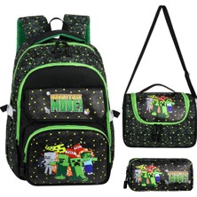 Adventure Deri Baskı Creeper Desenli Ilkokul Sırt Çantası,termal Beslenme Çantası ve Kalemlik