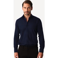İGS Lacivert Slim Fit Dar Kalıp Klasik Yaka Düz Uzun Kollu Cepsiz %100 Pamuk Non Iron Ütü Istemeyen Gömlek