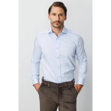 İGS Mavi Slim Fit Dar Kalıp Klasik Yaka Düz Uzun Kollu Cepsiz %100 Pamuk Non Iron Ütü Istemeyen Gömlek