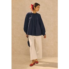 HE-QA Kol Büzgülü Pamuk Keten Tunik Gece Mavisi