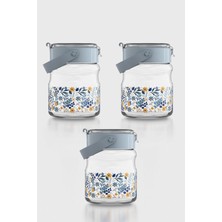 Renga Mono 900 ml Çiçek Desenli 3'lü Cam Kavanoz Seti 132065 Mavi