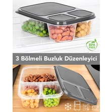 Meleni Home Dikdörtgen 3 Bölmeli Saklama Kabı - Mikrodalga ve Difrize Uygun Buzdolabı Organizer Difriz Kabı