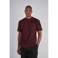 Ex-pent Erkek Dikim Detaylı Regular Kalıp Omuz Flok Baskılı Pamuklu Bordo T-Shirt