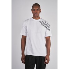 Ex-pent Erkek Dikim Detaylı Regular Kalıp Omuz Flok Baskılı Pamuklu Beyaz T-Shirt