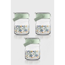 Renga Mono 900 ml Çiçek Desenli 3'lü Cam Kavanoz Seti 132065 Yeşil