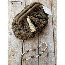 El Yapımı Hasır Tarzı Kağıt Ip Çanta – Nefti Yeşil Püsküllü El Çantası