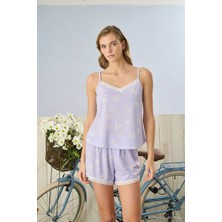 Pijamoni Kadın Ip Askılı Dantel Detaylı Papatya Desenli Lila Şort Takımı