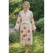 Hayalet Kırmızı Mercan Desenli Pamuk Müslin Bornoz Kapüşonlu Kimono