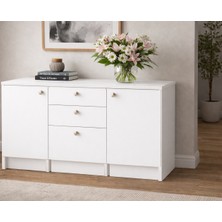 T Designo Kora Alt Modül-Çok Amaçlı Dolap -150 cm -2 Kapaklı-3 Çekmeceli-Laminat Beyaz Tezgah Dahil