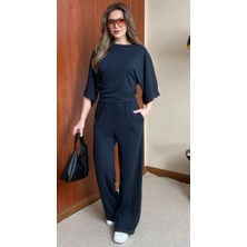 CGA Kadın Modal Takım Kadın Siyah Modal Takım  Eteği Bant Bluzlu Bol Pantolonlu Pike Modal Takım