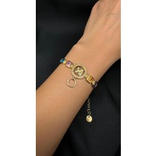 Stainless Steel Renkli Taşlı Gold Zincir Bileklik