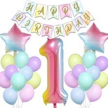 Patladı Gitti Gökkuşağı Konsepti 1 Yaş Doğum Günü Parti Kutlama Seti; Rakam ve Yıldız Folyo, Banner ve Makaron Balon