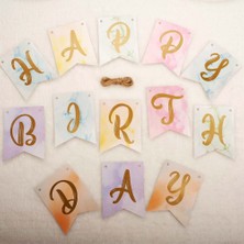 Patladı Gitti Renkli Happy Birthday Gold Mini Banner 1 Adet Asma İpi ile Parti Kutlama Malzemeleri
