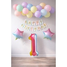 Patladı Gitti Gökkuşağı Konsepti 1 Yaş Doğum Günü Parti Kutlama Seti; Rakam ve Yıldız Folyo, Banner ve Makaron Balon