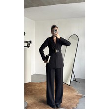 Asfa Moda Kadın Siyah Blazer Ceket Pantolon Takım Kemer Detaylı