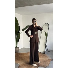 Asfa Moda Kadın Kahverengi Blazer Ceket Pantolon Takım Kemer Detaylı