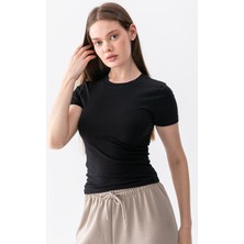 Warasiva Kadın Siyah %100 Pamuk Ultra Soft Yuvarlak Yaka Kısa Kol Bluz