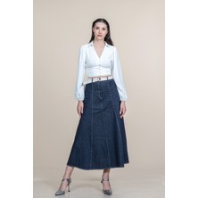 MissVina Garni Dikişli Kemerli Kot Denim Etek 6885