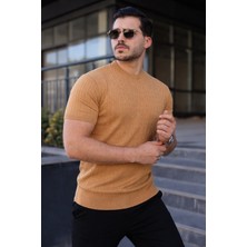Comstar Erkek Premium Çizgili Yazlık Camel Dar Triko Tişört