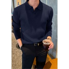 Cool Tarz Erkek Polo Yaka Slim Fit Lacivert Triko Kazak Uzun Kol Günlük Stil