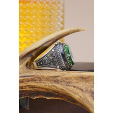 Innuendo Jewelry 925 Ayar Gümüş Yeşil Mineli Tuğralı Erkek Yüzük