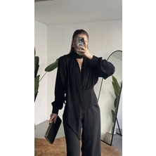 Asfa Moda Kadın Siyah Şal Yaka Drapeli Bluz Uzun Kollu Şık Ofis Bluz