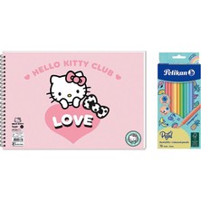 Keskin Color Hello Kitty 17X25  Spiralli Resim Defteri  - Pelikan Pastel Renkler 12LI Kuru Boya 2'li Set