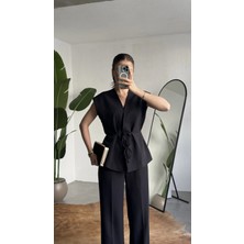 Asfa Moda Kadın Siyah Düğmeli Bağlamalı Yelek Pileli Palazzo Pantolon Takım Bağlama Detaylı Şık Ikili Takım
