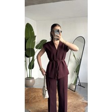 Asfa Moda Kadın Bordo Düğmeli Bağlamalı Yelek Pileli Palazzo Pantolon Takım Bağlama Detaylı Şık Ikili Takım