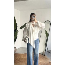 Asfa Moda Kadın Beyaz Şal Yaka Drapeli Bluz Uzun Kollu Şık Ofis Bluz