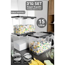 Meleni Home 3'lü Etiketli Deterjan Saklama Kutusu - 15 Lt Sürgülü Kilitli Kapak Tablet Toz Deterjan Kabı Gri