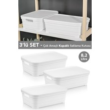 Meleni Home 3 Adet Kapaklı Dekoratif Piramit Saklama Kutusu - Dolap Düzenleyici Organizer Kutu 8,2 Litre Beyaz