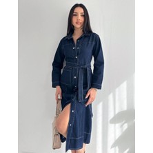 Mastiff Kadın Kare Cep Detaylı Kuşaklı Kot Elbise