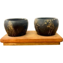 Bitki Tasarımı Ev Dekorasyon Siyah Gold Toprak Saksı Ikili Ahşap Tabanlı Çiçeklik