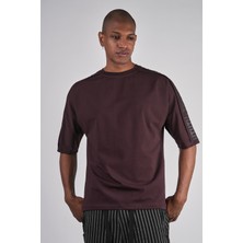 Ex-pent Erkek Dikim Detaylı Regular Kalıp Omuz Baskılı Pamuklu Bordo T-Shirt