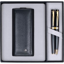 Isminize Özel Scrikss DR-203 38 Siyah Altın Dolma + Tükenmez + Siyah Ikili Kalem Kılıfı