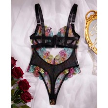 AGM Dantelli Bodysuit, , Renkli Çiçek Nakışlı Şeffaf File Detaylara Sahip Siyah  Kadın Bodysuit