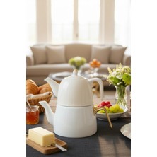 İpek Porselen Porselen Üst Demlik & Beyaz Emaye Alt Çaydanlık – Ikili Çay Seti