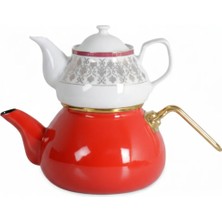 İpek Porselen Porselen Üst Demlikli Kırmızı Emaye Çaydanlık – Ikili Çay Seti