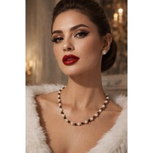 Solare Accessories Özel Seri Gerçek Inci & Bordo Kristal Taş Tasarım Kolye