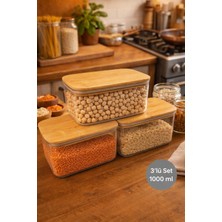 Nesto Home 3'lü 1000 ml Ahşap Kapaklı Dikdörtgen Contalı Plastik Saklama Kabı Seti Hava Geçirmez Bakliyat Kabı