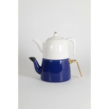 İpek Porselen Porselen Üst Demlik & Lacivert Emaye Alt Çaydanlık – Ikili Çay Seti