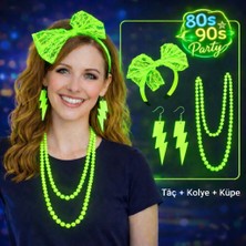 Nuveden Ieg™ 80’ler 90’lar Neon Yeşil Parti Seti – Kolye Küpe Taç